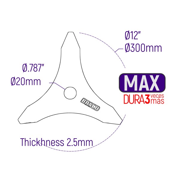 CUCHILLA GUADAÑA 3 PUNTAS PESADA MAX Ø 12" (300mm) OJO .787" (20mm)