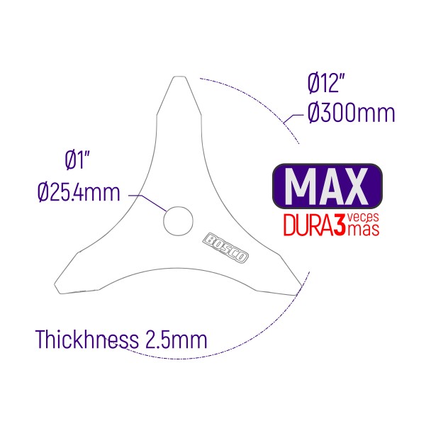 CUCHILLA GUADAÑA 3 PUNTAS PESADA MAX Ø 12" (300mm) OJO 1" (25.4mm)